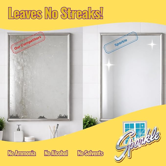 Sparkle Glass Cleaner, Ammonia-Free Streak-Free Formula, 33.8 fl oz Spray Bottle, Safe for Windows, Mirrors & Glass Surfaces (Pack of 2)