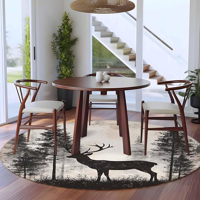 Elk Large Round Rug 8Ft, Deer Silhouette Circle Area Rugs Washable Non Slip Indoor Floor Mats Carpet for Living Room Bedroom Dining Room Home Decor