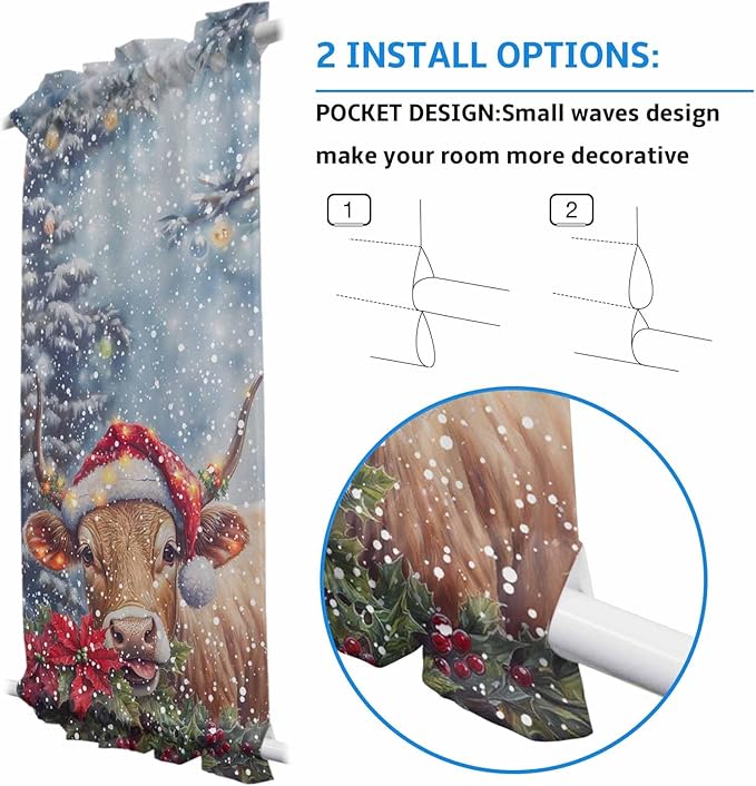 Christmas French Door Curtain Panel for Front Door, Christmas Winter Snow Santa Hat Cow Poinsettia Slidelight Door Curtains with Tieback Light Filtering Privacy Panels for Doorway Entryway 25"x 40"