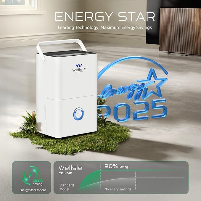 Energy Star Dehumidifier, Wellsle 80 Pints Dehumidifier for basement, Smart Humidity Adjustment with 1.32 Gal Water Tank and Drain Hose, Silent & Efficient for Home Bedroom Garage Large Room