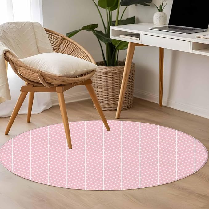 Pink Herringbone Stripes Small Round Rug 3 Ft, Modern Abstract Geometric Pink Simple Lines Area Rugs Washable Non Slip Indoor Floor Mats Circle Carpet for Living Room Bedroom Dining Room Home Decor