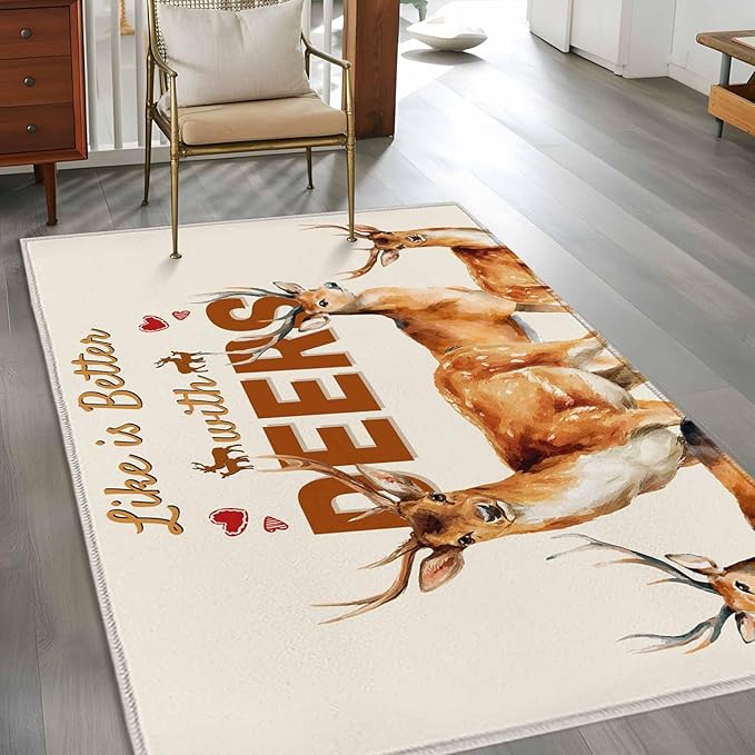 Beige Deer Area Rugs 2.7'x5', Wildlife Animals Rustic Farmhouse Elk Rustic Farmhouse Washable Area Rugs Non-Slip Indoor Floor Mats Carpet for Living Room Bedroom Dining Room