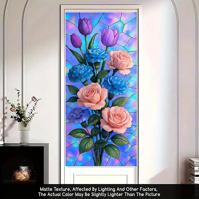 Rose Carnation Tulip Window Film Holographic Floral Privacy Panel Static Cling No Glue Decorative Cover for Door Vanity Kitchen Studio 17.7x39.3 inch