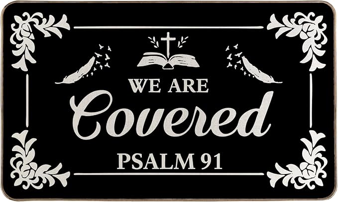 We are Covered Psalm 91 Door Mat 17x30 Inch Psalms 91 Doormat for Front Door Outdoor Entry Farmhouse Style Kitchen Rug ES (Black)