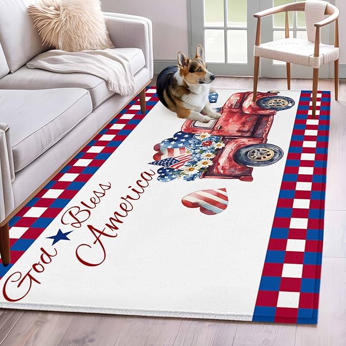 Red Truck USA Flag Stars Area Rugs 2.7'x5', God Bless America Washable Area Rugs Non-Slip Indoor Floor Mats Carpet for Living Room Bedroom Dining Room