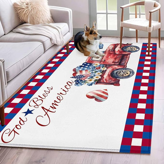 Red Truck USA Flag Stars Area Rugs 2.7'x5', God Bless America Washable Area Rugs Non-Slip Indoor Floor Mats Carpet for Living Room Bedroom Dining Room