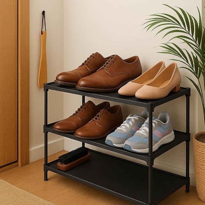 Shoe Rack Bundle with Shoe Brush & Shoe Horn - Space Saving, Shoe Organizer for Closet & Entryway - Durable Shoe Storage Rack