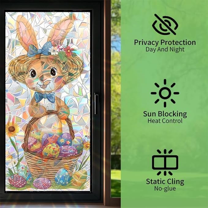 Easter Window Film Bunny with Basket of Colorful Eggs Spring Floral Artwork Decorative PVC Window Film for Entryway Bedroom Playroom Adds Cheerful Holiday Window Style