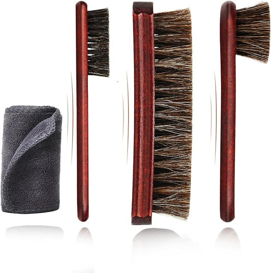 4pcs 100% Horse Hair Shoe Brush Kit Shoe Shine Kit Beech Wood Leather Care Set Suede Boot Cleaner Polish Applicator Dauber Buffing Cloth Soft Natural Bristles Men Gift Box for Boots Shoes Sneakers Car