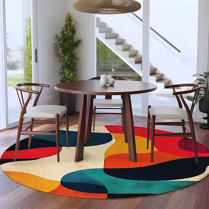 Abstract Art Round Rug 5 Ft, Impressionist Red Blue Color Block Circle Area Rugs Washable Non Slip Indoor Floor Mats Carpet for Living Room Bedroom Dining Room Home Decor