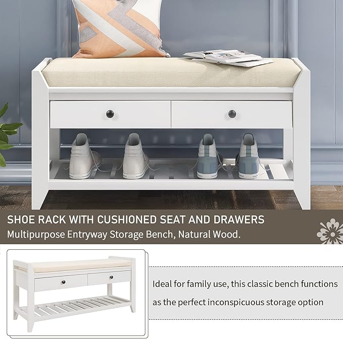 Knocbel Entry Storage Bench Shoes Rack with Cushioned Seat, 2 Drawers & Slatted Shelf, Living Room Entryway Hallway Foyer Shoe Bench Bedroom End of Bed Bench (White)