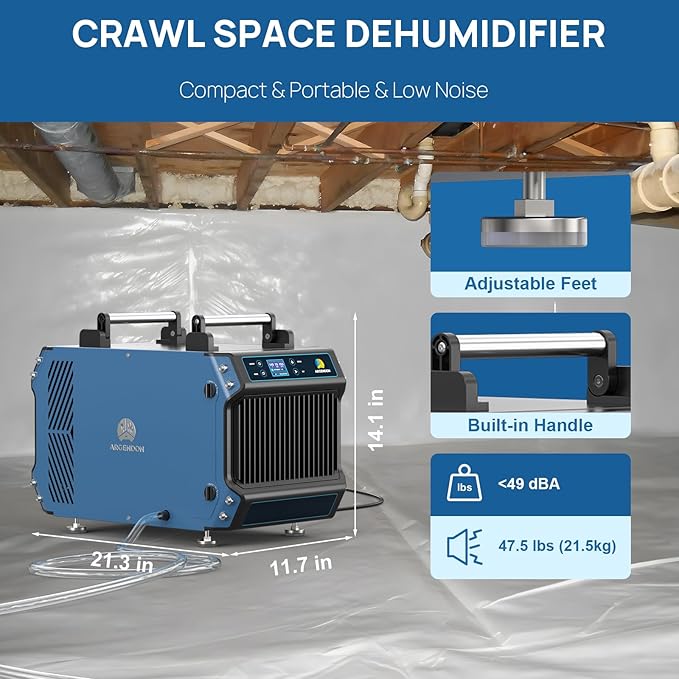 ARGENDON 145 Pint Crawl Spaces Dehumidifier with Pump, Commercial Dehumidifier with Drain Hose for Basement, Auto Defrost, Compact, Large Spaces up to 1800 Sq.Ft, 5 Years Limited Warranty