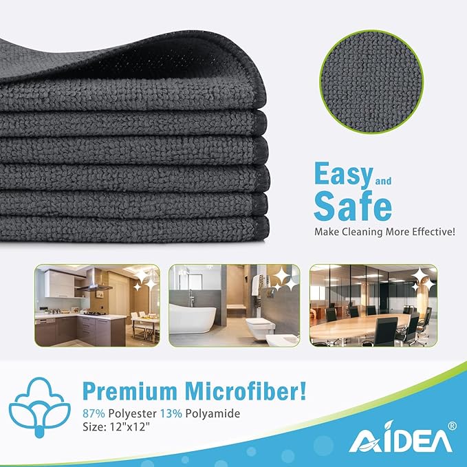 AIDEA Microfiber Cleaning Cloth-50PK, Soft Microfiber Towels for Cars, Absorbent Cleaning Rags, Lint-Free Streak-Free Wash Cloths for House, Kitchen, Window(12in.x12in), Grey