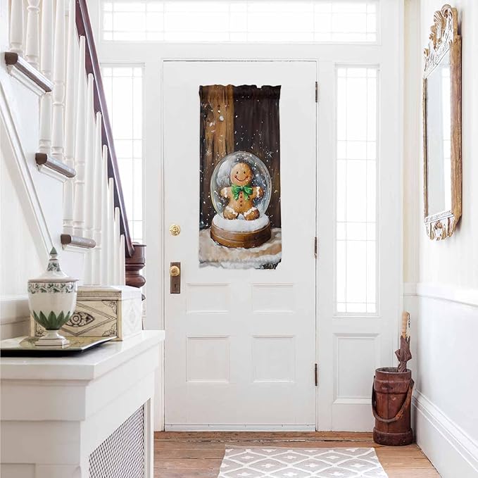 Christmas French Door Curtain Panel for Front Door, Crystal Ball Gingerbread Man Country Wooden House Slidelight Door Curtains with Tieback Light Filtering Privacy Panels for Entryway 25"x 40"