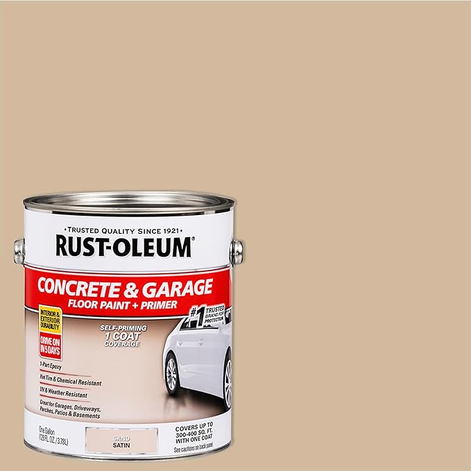 Rust-Oleum 347121 Concrete & Garage Floor Paint and Primer, Gallon, Satin Sand