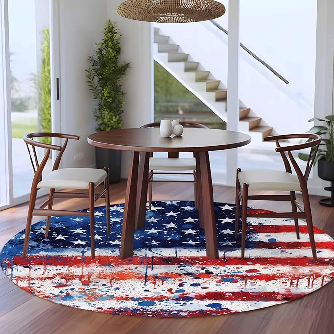 Mottled Red Blue White Stars Painted Flag Large Round Rug 7Ft, Circle Area Rugs Washable Non Slip Indoor Floor Mats Carpet for Living Room Bedroom Dining Room Home Decor