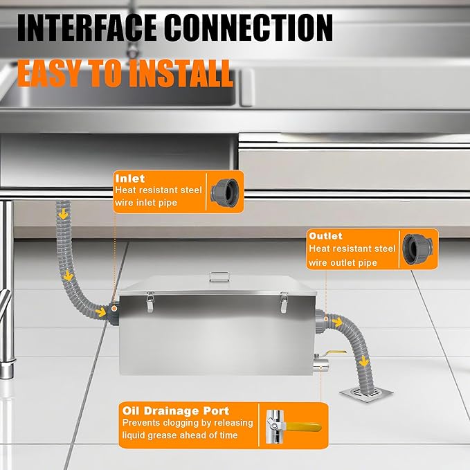25lbs Commercial Grease Trap for Home Restaurants Under Sink, Stainless Steel Interceptor