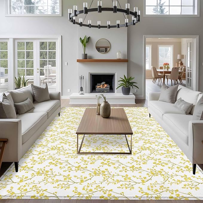 Flowers 9'x12' Large Area Rugs, Branches Washable Area Rugs Non-Slip Indoor Floor Mats Large Carpet for Living Room Bedroom Dining Room