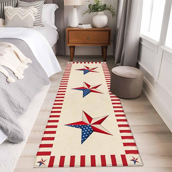 Farmhouse American Flag Pentagram Runner Rug 2'x6', Hallway Runner Rugs Washable Non-Slip Bedside Floor Mats Carpet for Kitchen Bedroom Laundry Room Bathroom
