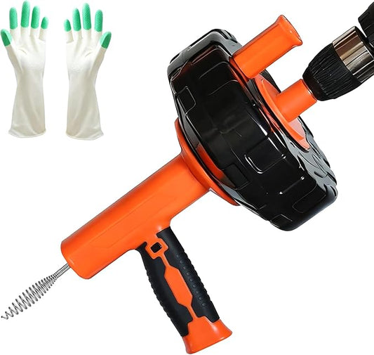 Drainsoon Auto Feed Drain Auger with Drill Adapter, 33 Feet Drain Snake Hair Clog Remover, Manual or Powered Plumbing Snake Drain Cleaner for Bathroom, Shower, Kitchen Sink, Comes with Gloves