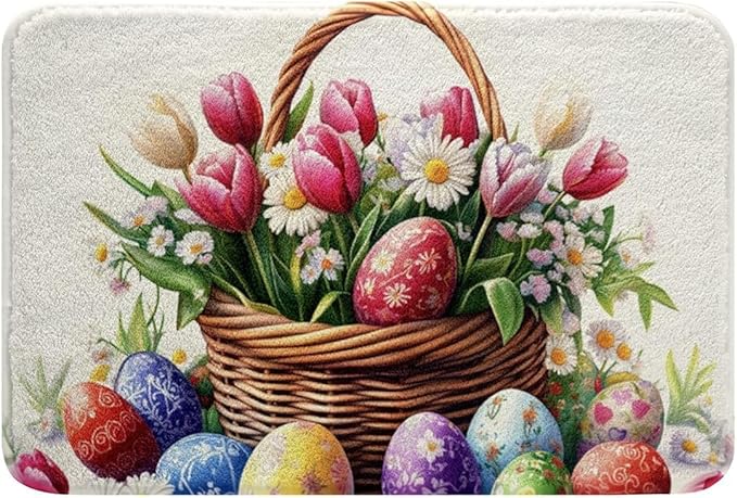 Easter Eggs Spring Tulip Daisy Flowers Basket Happy Festival Day Door Mat Bath Rug Non-Slip Dust Inside/Outside Floor Carpet for Kitchen Front Hall Lawn 16x24 inch