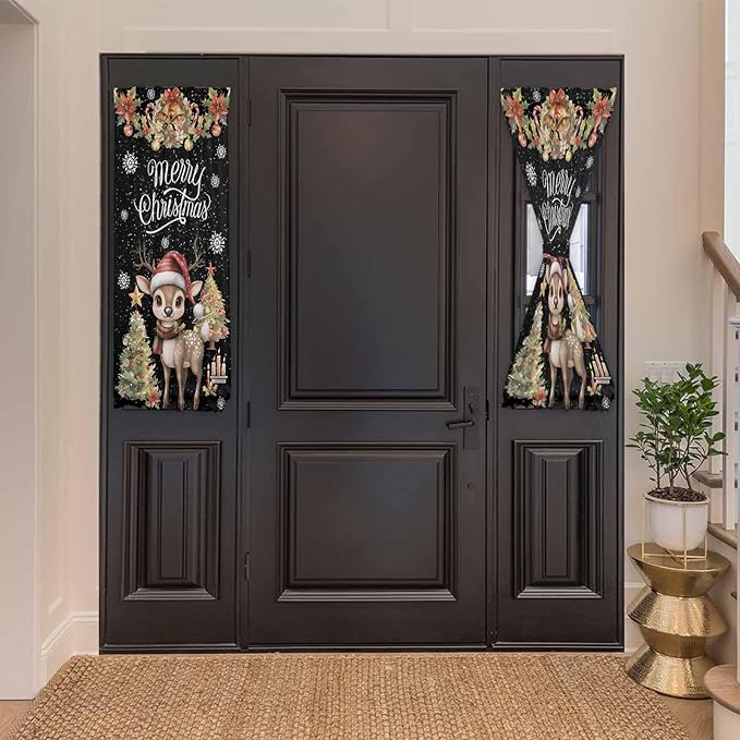 Christmas French Door Curtain Panel for Front Door, Christmas Tree Winter Deer Garland Bell Poinsettia Black Slidelight Door Curtains with Tieback Light Filtering Privacy Panels for Entryway 25"x 40"