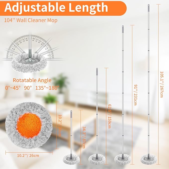 Wall Mop for Painted Walls, Wall Cleaner Mop with 104''/ 62" Long Handle, Dry Mop for Wall Floor Ceiling Cleaning, 2 Reusable Pads (Grey)