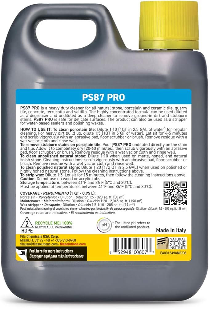 FILA Heavy Duty Cleaner PS87 PRO, Stain Remover Grease, Coffee, Wine, Wax, Ink, Hard Surface Floor Cleaner, ideal for Natural Stone, Terracotta, Quarry Tile, Concrete, Porcelain, 1 QT