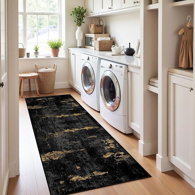 RELEANY Washable Area Rugs 2'x8' Non-Slip Modern Abstract Soft for Living Room Entryway Bedroom Nursery, Print Pattern, Dark Black Gold