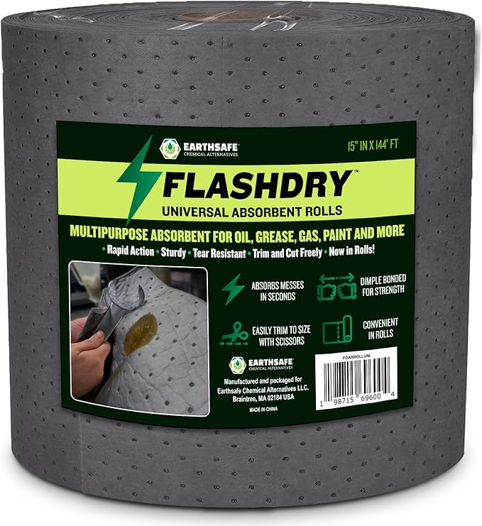 FLASHDRY Universal Spill Absorbent Roll, 100 Pre-Cut Pads, 15" x 144', Absorbs Oil, Grease, Coolant & Solvents, for Garages, Warehouses, Factories & Industrial Facilities