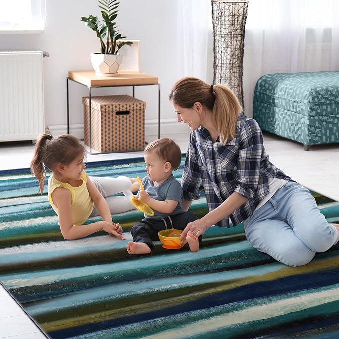 Abstract 4x6 Area Rug, Modern Stripe Teal Rugs for Entryway, Washable Soft Door Mat Non-Slip Floor Carpet for Dining Room Kitchen Bedroom - Teal/Multi