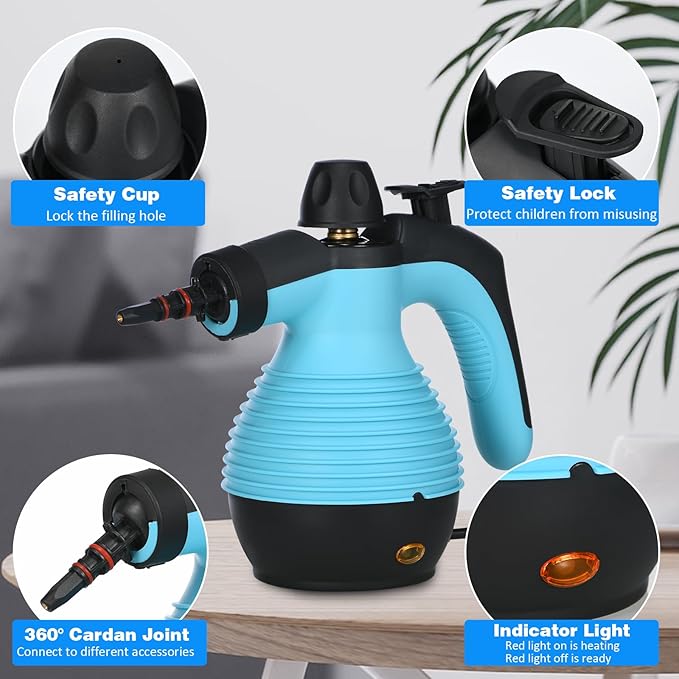AORESAC Handheld Steam Cleaner, Multi-Purpose Steamer Pressurized Electric Steam Cleaner with Safety Lock and 9 Accessory Kit for Upholstery, Kitchen, Bathroom, Grout, Tile, and Floor Cleaning, Blue