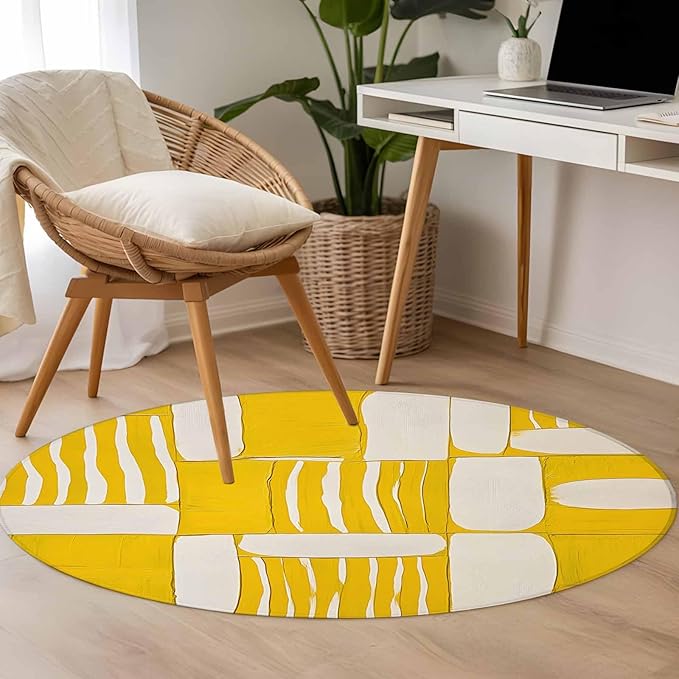 Impressionist Style Round Rug 4 Ft, Yellow Abstract Blurred Color Circle Area Rugs Washable Non Slip Indoor Floor Mats Carpet for Living Room Bedroom Dining Room Home Decor
