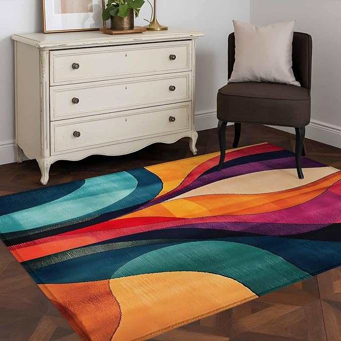 Minimalist Art 3'x5' Area Rugs, Abstract Yellow Blue Color Block Line Washable Area Rugs Non-Slip Indoor Floor Mats Carpet for Living Room Bedroom Dining Room