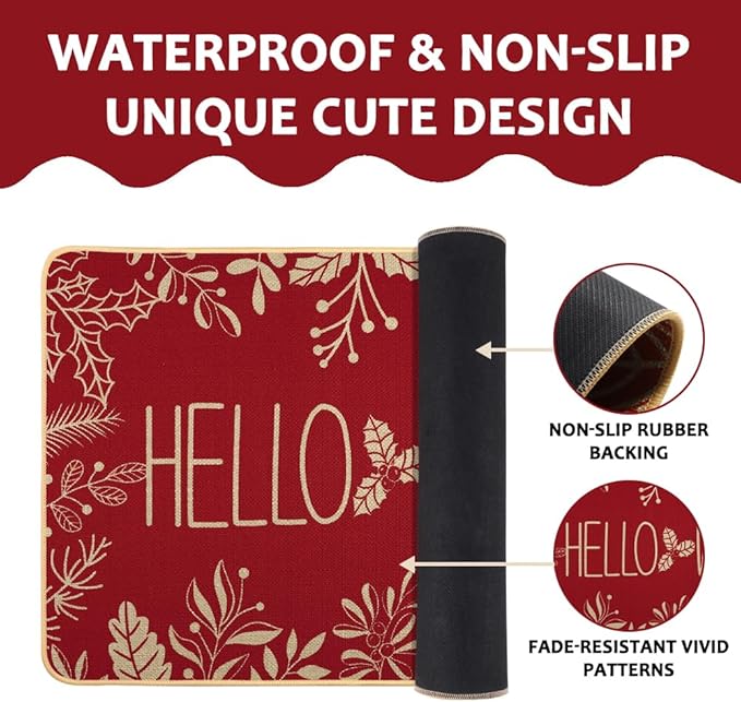 Hello Winter Door Mat Welcome Doormat, Winter Christmas Red Outdoor Rug Leaves Decor Floor Front Door Mat Non-Slip Entrance Mat for Home Kitchen Bathroom Decorations 17 X 29 Inch