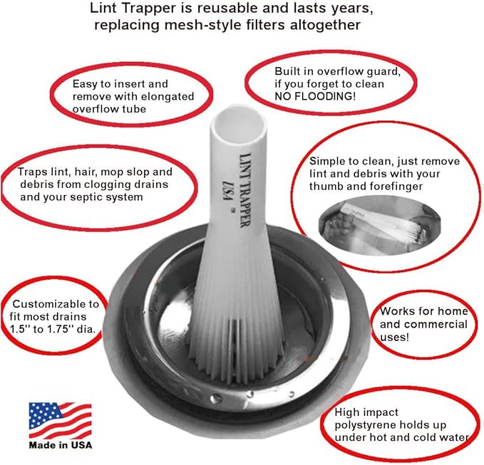 Lint Hair Trapper for filtering Washing Machine Utility Tub and Sink drains-reusable and customizable with built-in overflow guard. Traps Lint, hair and debris from drains, replaces all Mesh filters