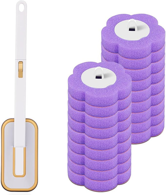 Disposable Toilet Brush Refills, Wall Mount Toilet Bowl Brush, Toilet Wand Refills with Extended Handle Cleaning Set, 360° Cleaning Toilet Brush Grip Suitable for Bathrooms (White Brush+18 Refills)