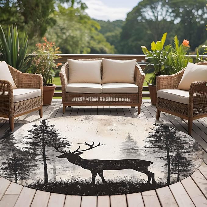 Elk Large Round Rug 8Ft, Deer Silhouette Circle Area Rugs Washable Non Slip Indoor Floor Mats Carpet for Living Room Bedroom Dining Room Home Decor