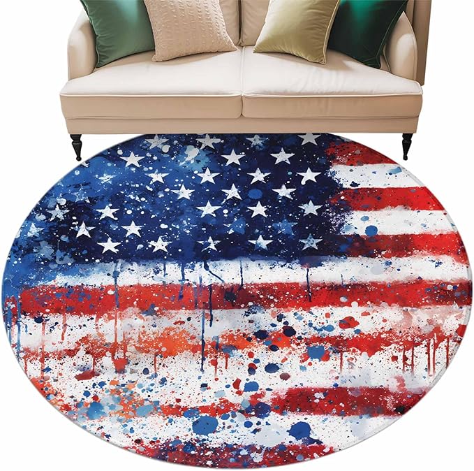 Mottled Red Blue White Stars Painted Flag Round Rug 6 Ft, Circle Area Rugs Washable Non Slip Indoor Floor Mats Carpet for Living Room Bedroom Dining Room Home Decor