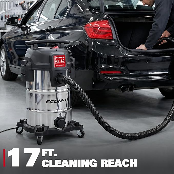 ECOMAX 8 Gallon Ultra-Quiet Shop Vacuum Wet and Dry, Stainless Steel Shop Vac with 80% Noise Reduction, 3X Longer Motor Life, 4 Peak HP Suction, Complete Accessory Kit for Garage, Workshop & Home