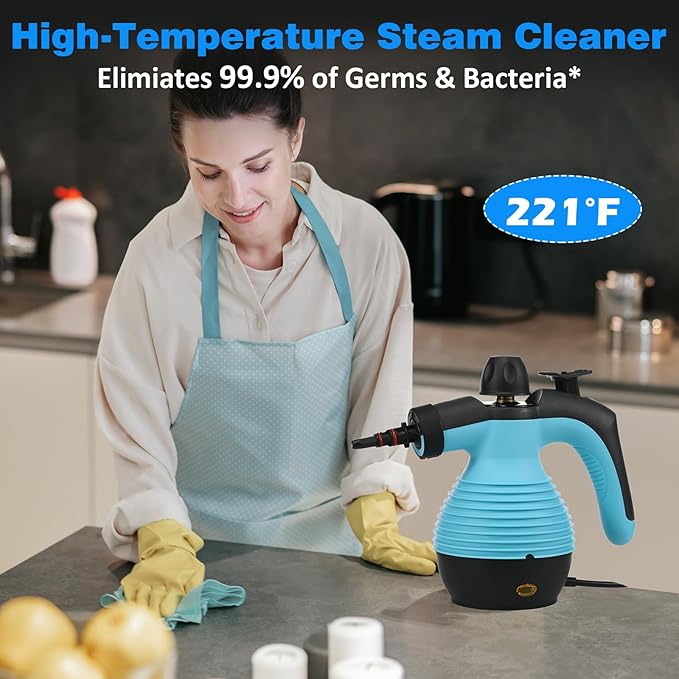 AORESAC Handheld Steam Cleaner, Multi-Purpose Steamer Pressurized Electric Steam Cleaner with Safety Lock and 9 Accessory Kit for Upholstery, Kitchen, Bathroom, Grout, Tile, and Floor Cleaning, Blue
