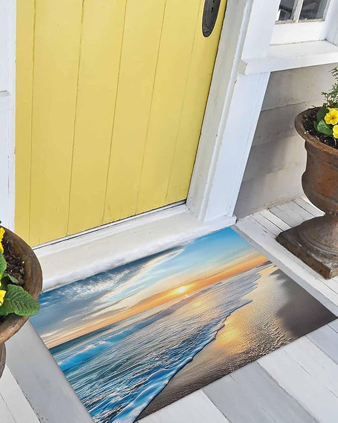 Front Door Mat Outdoor, Sunset Beach Absorbent Non Slip Indoor Entry Rug, Spray Ocean Waves Sky Nature Scenery Low-Profile Doormat Washable Rugs for Bathroom, Kitchen, 24x32in