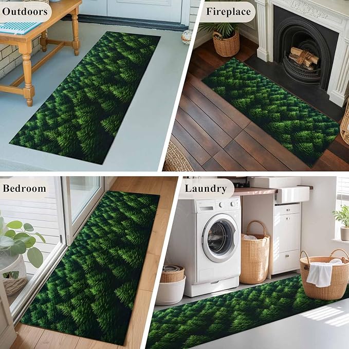 Green Forest Runner Rug 2'x6', Pine Trees Forest Landscape Style Summer Hallway Runner Rugs Washable Non-Slip Bedside Floor Mats Carpet for Kitchen Bedroom Laundry Room Bathroom