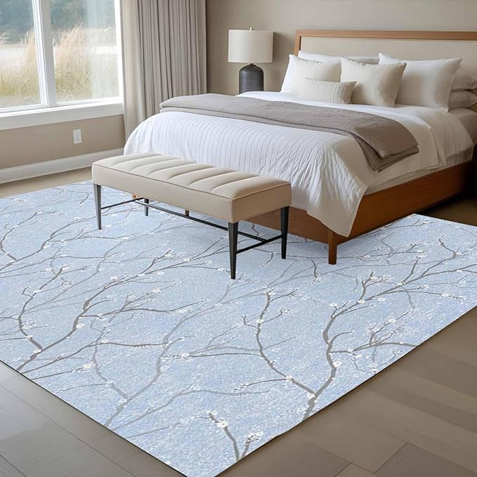 Blue Tree Branch 8'x10' Large Area Rugs, Retro Classic Art Blue Tree Branches Flower Washable Area Rugs Non-Slip Indoor Floor Mats Large Carpet for Living Room Bedroom Dining Room