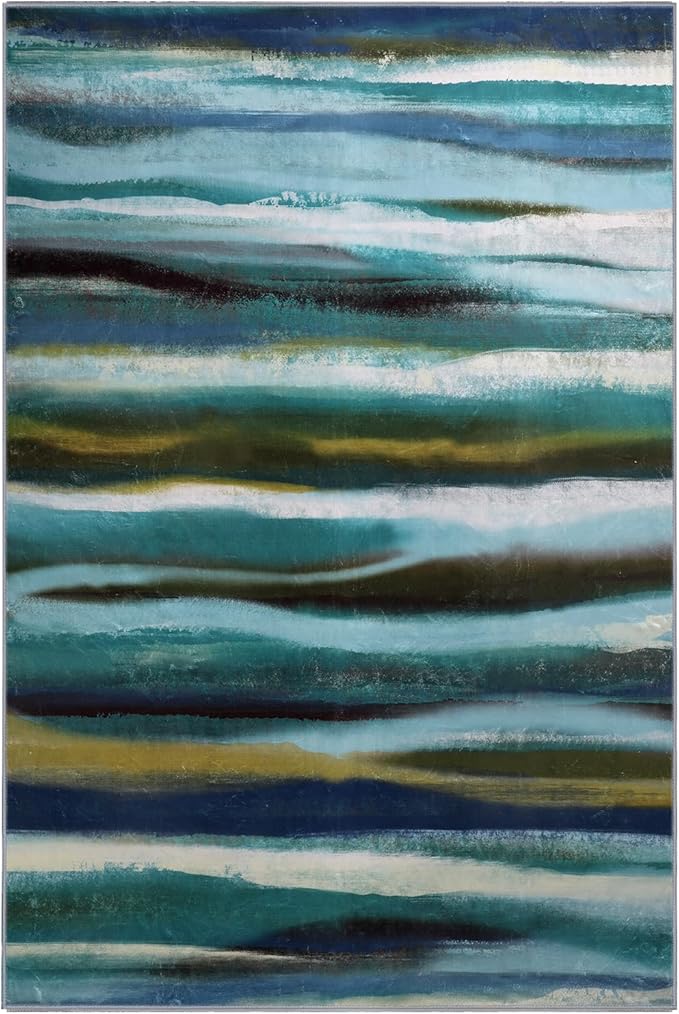 Abstract 6x9 Area Rug, Modern Stripe Pattern Teal Rugs for Living Room, Washable Soft Large Non-Slip Floor Carpet for Dining Room Office Bedroom - Teal/Multi