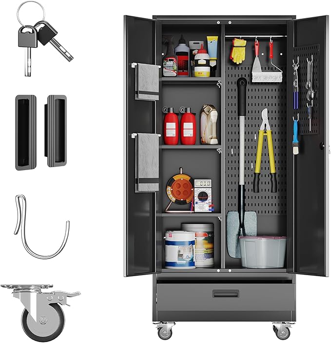 Reemoon Broom Closet Storage Cabinet with Wheels and Drawer,Garage Storage Cabinet with Magnetic Doors,Pegboard and Adjustable Shelves for Garage Home,Required Assembly,Black