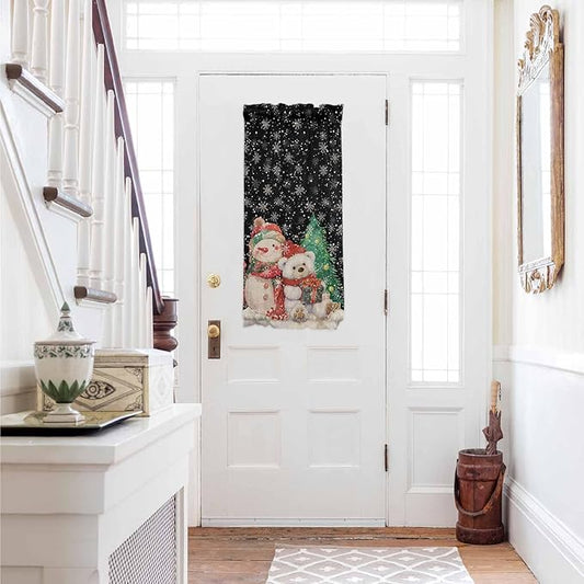 Christmas French Door Curtain Panel for Front Door, Black Retro Snow Bear Doll Christmas Slidelight Door Curtains with Tieback Light Filtering Privacy Panels for Doorway Entryway 25"x 40"