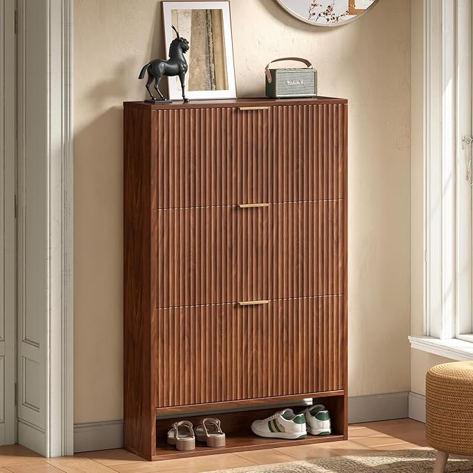 Hootata Walnut Tall Shoe Storage Cabinet for Entryway with 3 Flip Drawers, Narrow Wood Fluted Shoe Rack Cabinet, Freestanding Slim Shoe Organizer Cabinet for Foyer, Hallway