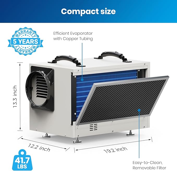 BaseAire Crawlspace Dehumidifier,113 Pints Commercial Dehumidifiers with Drain Hose for Whole House Basement, Industry, Compact, Auto Defrost, Memory Starting, Up to 1200 Sq Ft
