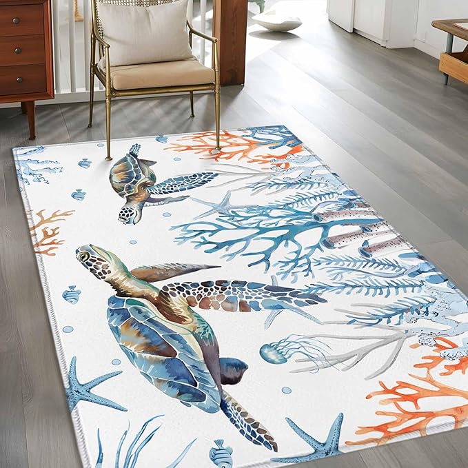 Sea Turtle 3'x5' Area Rugs, Seagrass Coral Starfish Washable Area Rugs Non-Slip Indoor Floor Mats Carpet for Living Room Bedroom Dining Room